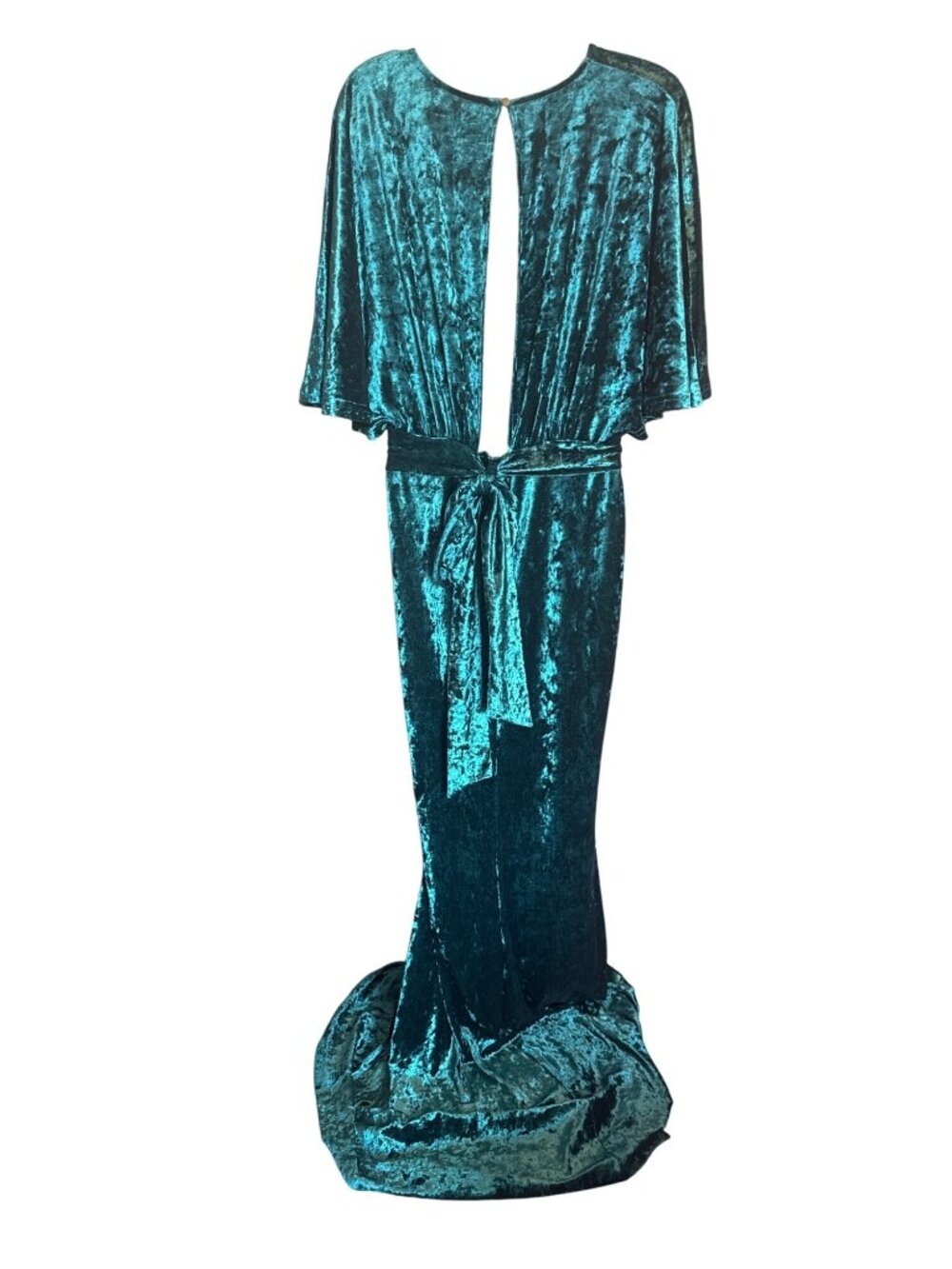 Emerald Green Crushed Velvet Maxi Gown Dress Size L Plunge Old Hollywood Glam - Picture 2 of 9